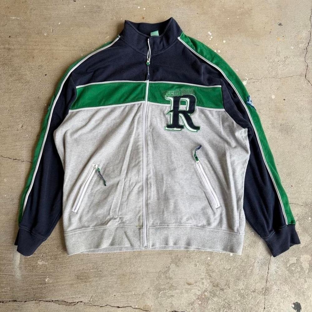 Rocawear Y2K Zip Up Jacket Green Navy Gray Logo Mens 2XL Vintage Track Jacket